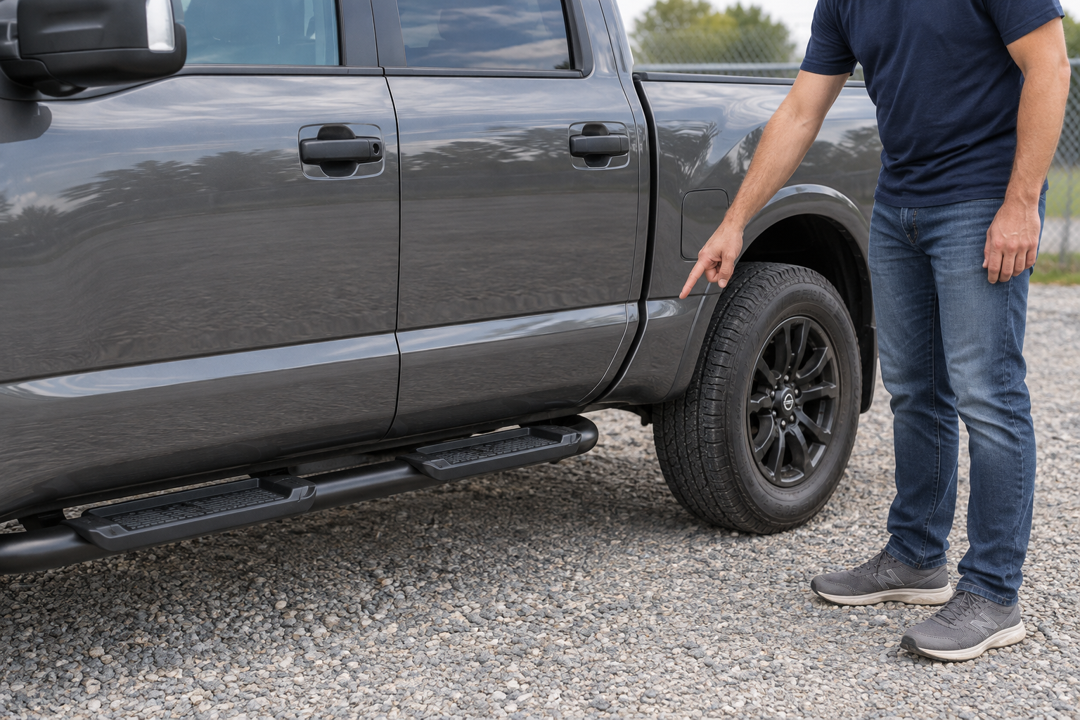 Adult comparing the fixed rear tread position beneath the closed rear door of a gunmetal crew-cab pickup