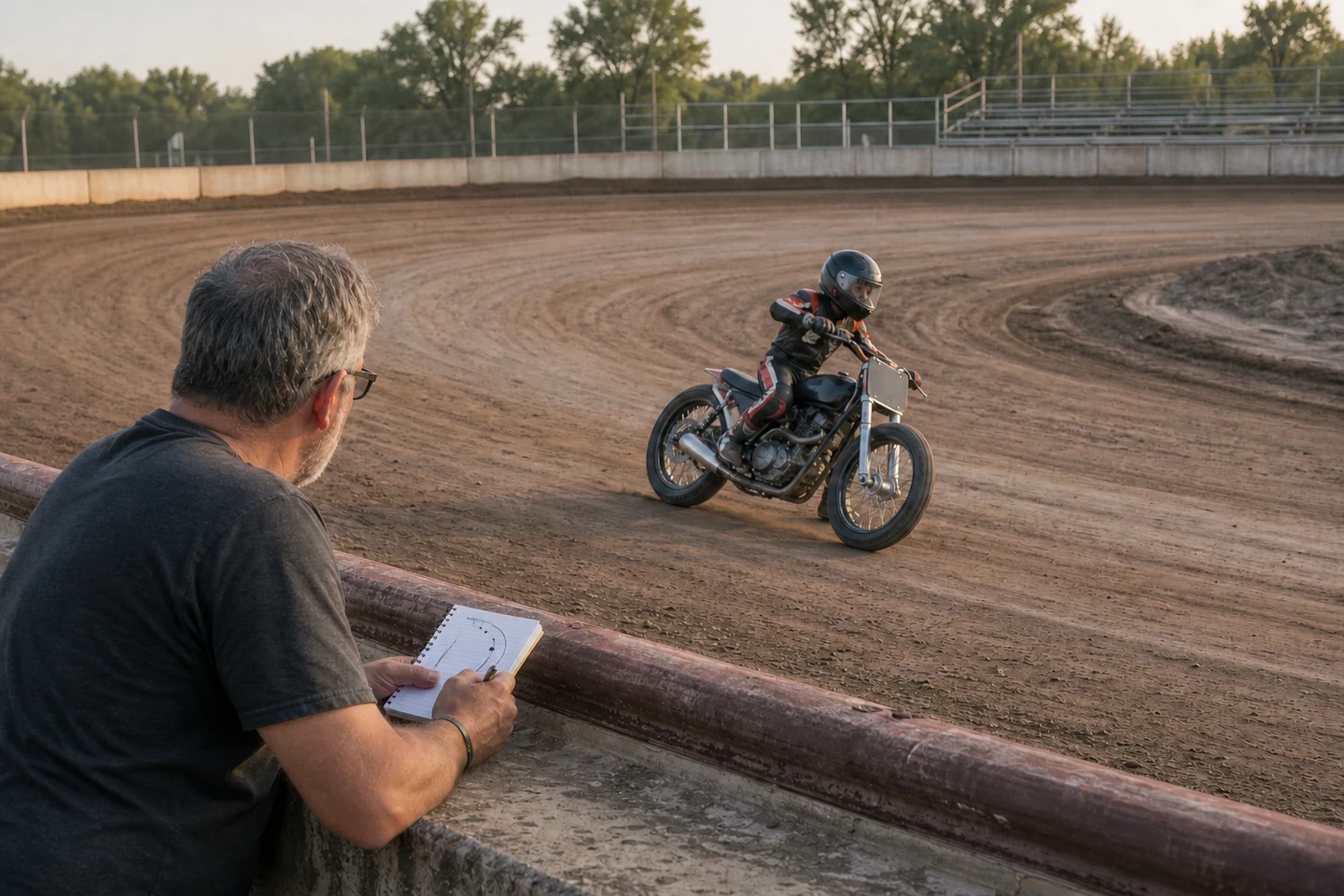 Adult observer making a simple corner sketch while a young flat-track rider passes through the same dirt-track turn
