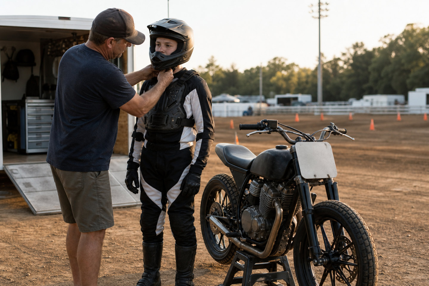 Adult coach checking a youth flat-track rider's helmet strap beside a motorcycle on a paddock stand